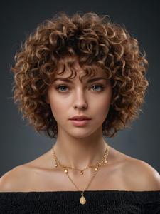 8 Inch Short Curly Wigs for Women, Gorgeous Fluffy Glueless Wigs with Bangs, Human Hair Full Machine Wigs for Party, Daily Use