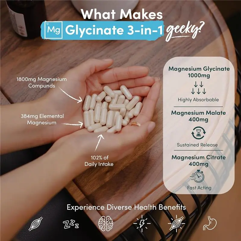 Magnesium Glycinate 3-in-1 Complex - 1800mg Supplements as Bisglycinate, Citrate & Malate 90 Vegan Capsules, Triple High Absorption 384mg Elemental, UK Made (Packaging Design May Vary) 6
