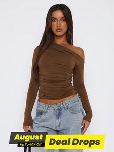 Women's Y2K Style Ruched Asymmetrical Neck Crop Tee, Street Fashion Long Sleeve T-Shirt for Daily Wear, Ladies Clothes for All Seasons