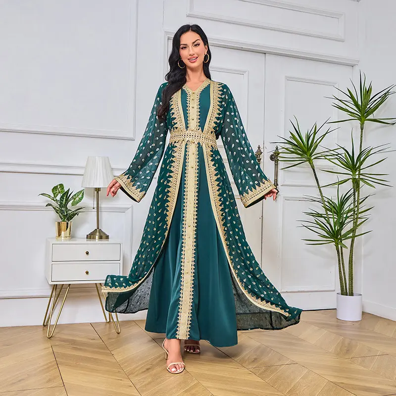 2025 Muslim Cardigan Vest Robe Gold Lace Elegant Graceful Dress Abaya 7