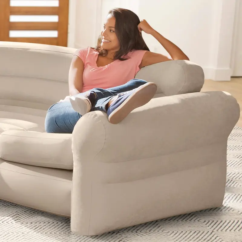 Inflatable Waterproof Flocked Top Surface Corner Living Room Air Mattress, Sectional Sofa Couch for Any Rec Room, Game Room, or Dorm Room 257 X 203 X 76 CM - Beige 1