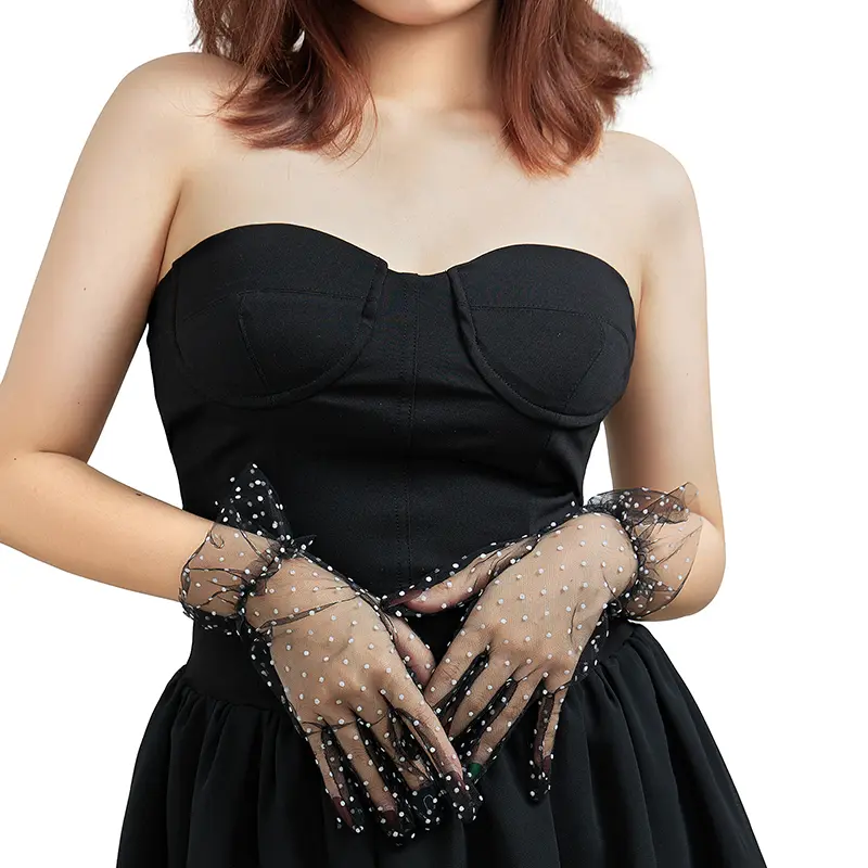 Women Long Tulle Gloves Stretchy Sexy Lace Short Full Finger Mittens Lotus Leaf Sheers Elegant Lady Driving Dot Wedding Gloves 6