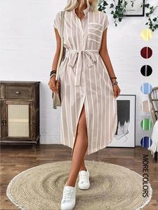 Women's Striped Print Belted Dress, Elegant Casual Comfy Fashion Dress for Summer, Ladies Clothes for Daily Wear