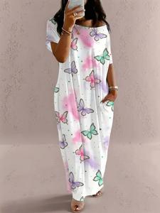 Women's Butterfly / Star Print Pocket Round Neck Nightdress, Casual Soft Comfortable Short Sleeve Nightgown for All Seasons, Lady's Sleepwear for Indoor Wear, Loungewear, Drop Shoulder Nightdress, Casual Minimalist Nightgown, Sleepwear Dresses