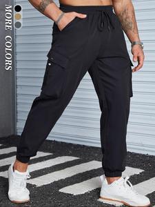 Men's Plain Pocket Cargo Sweatpants, Regular Fit Adjustable Drawstring Waist Pants, Summer Outfits 2024, Casual Street Wear Jogger Trousers for Daily Wear