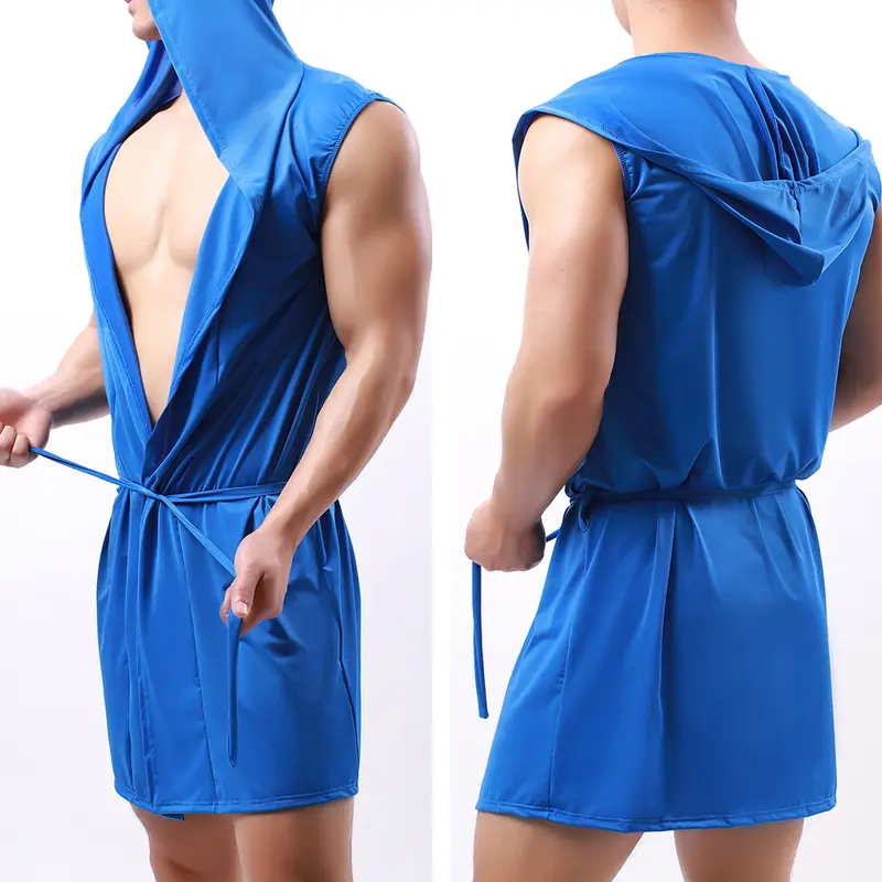 European Style Men's Bathrobe Cool Milk Silky Men's Hooded Sleeveless Thin Pajama Set with Underwear 1