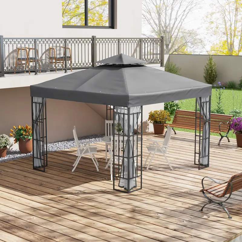 Outsunny Patio Gazebo 3 x 3m, Garden Pavilion Tent Shelter with 2 Tier Roof, Mosquito Netting, Steel Frame, Grey 1