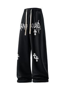 Men's Letter & Cross Print Drawstring Waist Sweatpants, Regular Fit  Street Fashion Casual Comfy Pocket Wide Leg Trousers for Daily Wear, Men's All-match Trousers for All Seasons