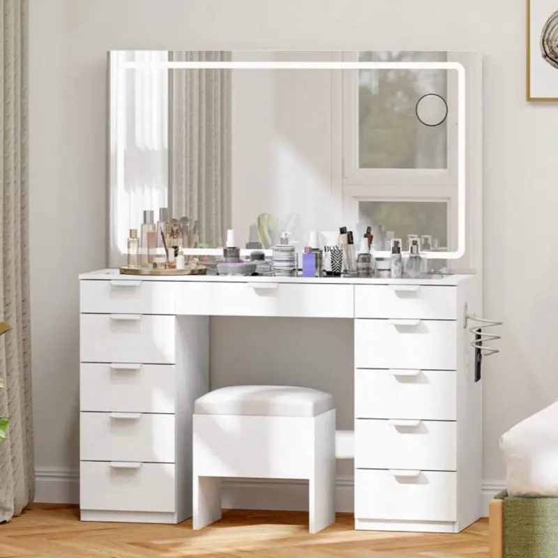 YITAHOME 46" Makeup Vanity with 11 Drawers, Makeup Desk Chair Set with LED Mirror and Power Outlet, 3 Lighting Color Adjustable 0