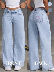 Women's Bow Embroidery Jeans, Casual Comfy Loose Fit Pocket Denim Pants for Daily Wear, Chic Ladies Bottoms for Fall & Winter, Baggy Pants, Jeans for Women, Womenswear, Cotton Trouser, Casual Fashion Denim Trousers for Women, High Waisted Loose