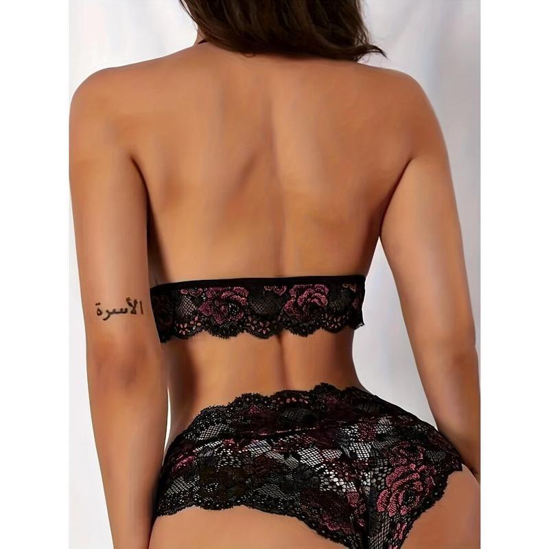 Floral Lace Trim Lingerie Set, Seductive Push Up Bra + Semi-Sheer Lace Panties, Women's Sexy Lingerie & Underwear 6