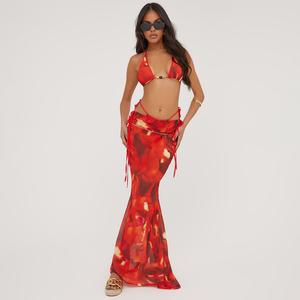 Beaded Detail Triangle Bikini Set With Maxi Skirt In Red Print