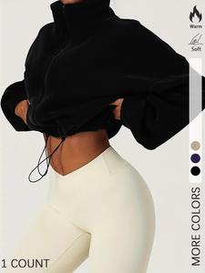 Women's Solid Drawstring Zip Up Crop Hooded Jacket, Casual Long Sleeve Mock Neck Fuzzy Outerwear for Spring & Fall, Ladies Basic Clothes for Daily Wear, Womenswear