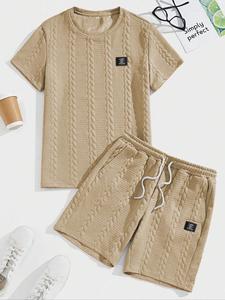Two-piece Set Men's Solid Color Textured Letter Patched Short Sleeve Tee & Drawstring Waist Shorts, Regular Fit Casual Comfy Round Neck T-shirt & Pocket Track Shorts, Men's Summer Clothes