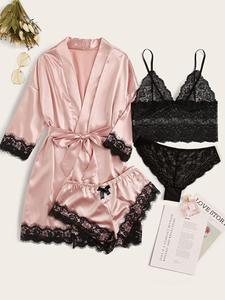 Women's Contrast Lace Pyjama Set, Comfy Cozy Fabric Bra & Panty & Belted Long Sleeve Robe & Elastic Waist Shorts Pj Set for Daily Home Wear, Pyjamas for Women, Loungewear Set for Women, Lady Naughty Lingerie, Pajama Sets, Womenswear, Homewear, Nightwear