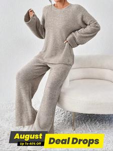 Women's Raglan Sleeve Split Long Sleeve Sweater & Elastic Waist Pants Set, Casual Basic Lounge Round Neck Top & Pants Sweater Set, Women's Autumn & Winter Clothing for Daily Wear, Womenswear