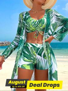 Women's Leaf Print Bikini Set, Ruched U Neck Swim Bra & Swim Shorts & Cover Up Top Set, Ladies Swimsuit for Beach Holiday Vacation, High Waisted Bikini Sets, Summer Swimsuit Set, Beach Bathing Suit, Colorblock Print Bikini, Floral Tropical Bikinis Set