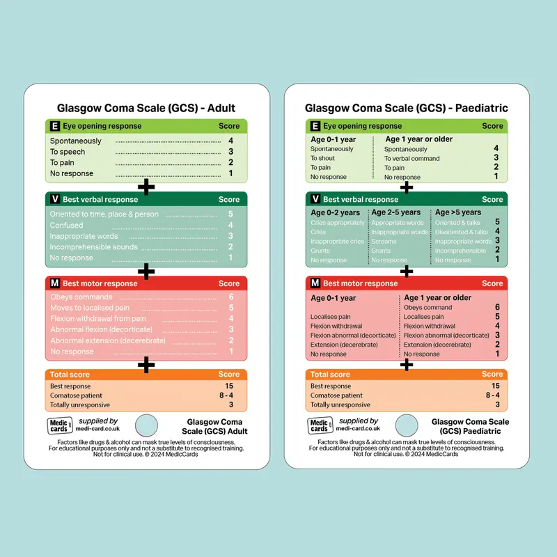 Set of 4 Pocket Cards - includes ABCDE, GCS Adult & Paediatric, SBAR Handover & Pain Assessment 2