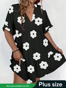 【Plus Size】 Floral Print Ruffle Trim Dress, Casual Short Sleeve V Neck Dress for Summer, Women's Plus Size Clothing for Daily Wear, Plus Size Tummy Flattering Dresses