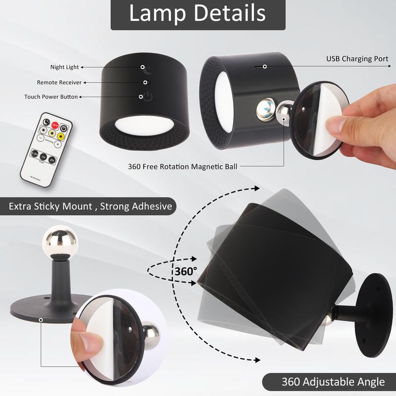 Product Introduction of USB Rechargeable Smart LED Wall Light, 1/2 Counts RGBNlight Light with Remote Control, 360° RotatableSpotlight for Bedroom, Bedslde, Display Wall, Cabinet,Hallway, Game Room 2