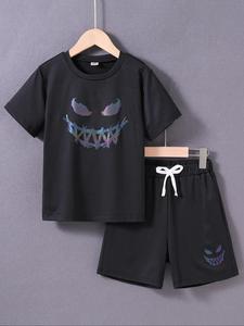 Two-Piece Set Boy's Reflective Smile Face Print Short Sleeve Tee & Shorts Set, Casual Round Neck T-shirt & Shorts for Summer, Kids Clothes for Daily Wear