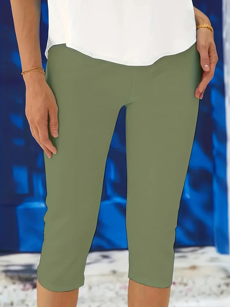 Product Introduction of Plus Size Solid Skinny Capris Leggings, Women's Casual Crop For Spring & Summer 6