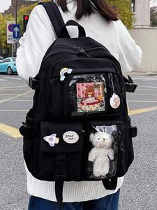 Casual Lightweight Patch Cute Bear Decoration Backpack, Casual Daypack, Campus Student Plain Fresh Style Girls Backpack