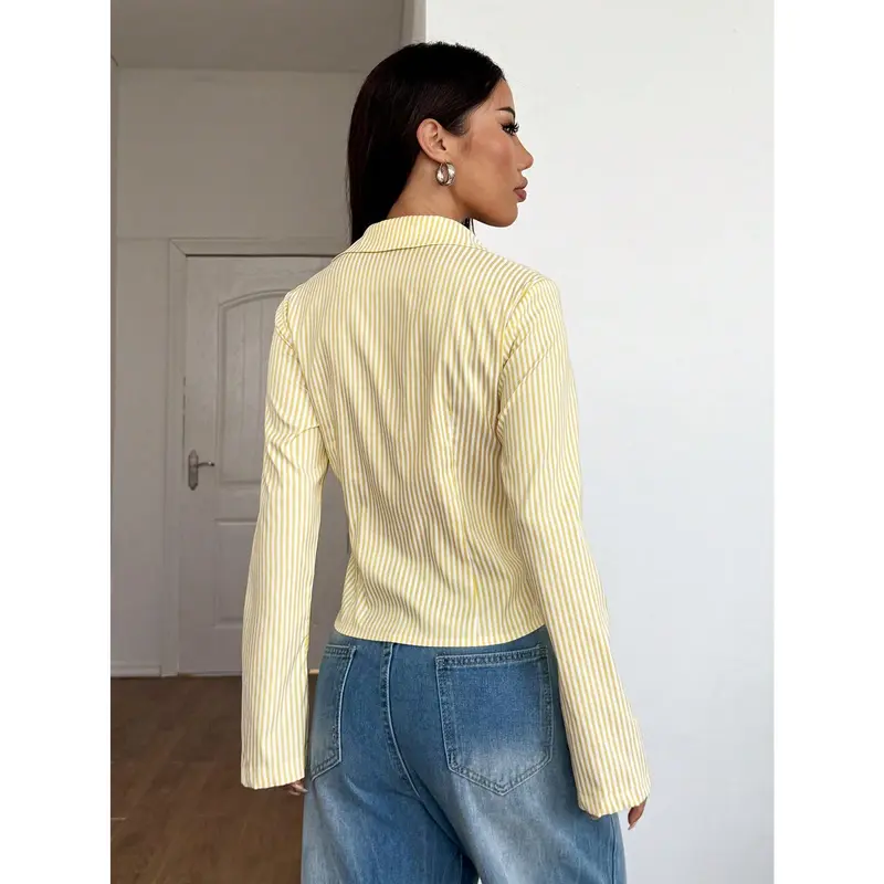 Pariaura French Style Slim Fit Long Sleeve Blue & White Striped Elegant Commuter Woman Shirt 1