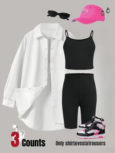 Three-piece Set Women's Solid Button Shirt & Crop Cami Top & Skinny Shorts, Casual Summer Clothes Set for Daily Wear, Suits, Womenswear