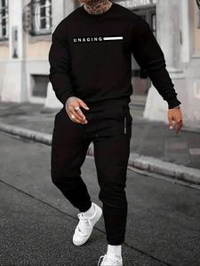 Men's Letter Print Sweatshirt & Pants Set, Casual Long Sleeve Pullover & Trousers, Men's Spring & Fall Clothes