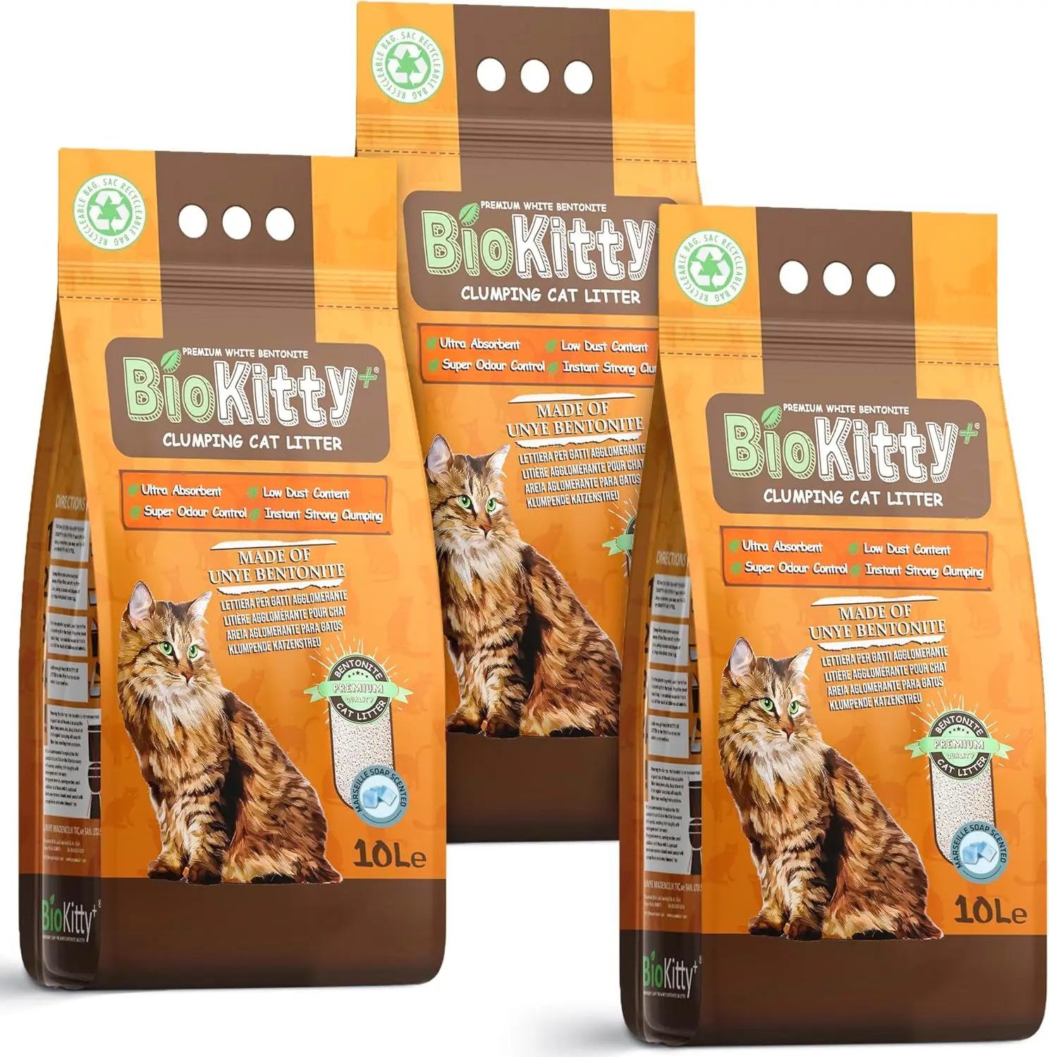BioKitty 30L Highly Absorbent Natural Bentonite Minerals Cat Litter, Long Lasting Odour Control, Maximum Hygiene with Strong Cat Litter Clumping, 3x8.5kg/30L (marseille soap)