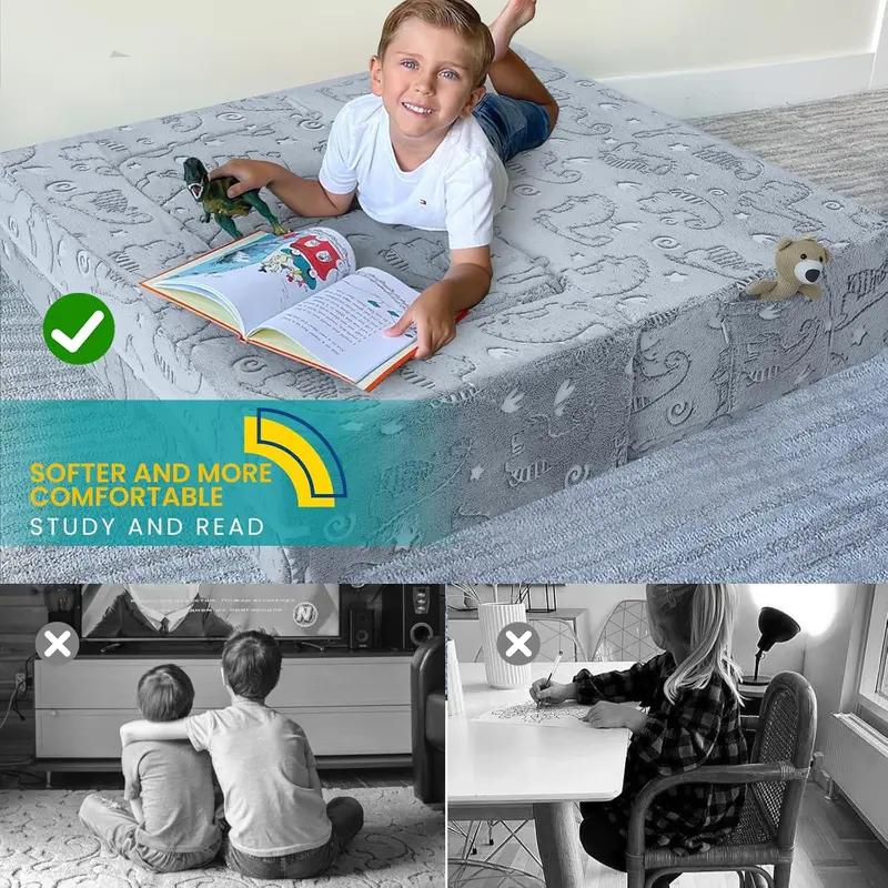 MeMoreCool Kids Sofa Bed, Modular Toddler Chair Couch, Glow in The Dark Baby Mini Couch Lounger Fold Out, Kids Bedroom Furniture for Playroom, Grey Dinosaur 6