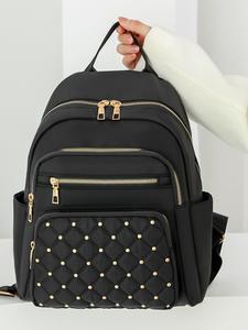 Women's Summer Minimalist Casual Plain Nylon Backpack, Fashionable Studded Design Large Volume Backpack with Adjustable Strap for Work & Daily Used