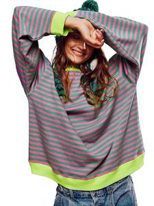 Women's Colorblock Striped Print Contrast Binding Drop Shoulder Sweatshirt, Casual Long Sleeve Round Neck Pullover for Fall & Winter, Ladies Clothes for Daily Wear