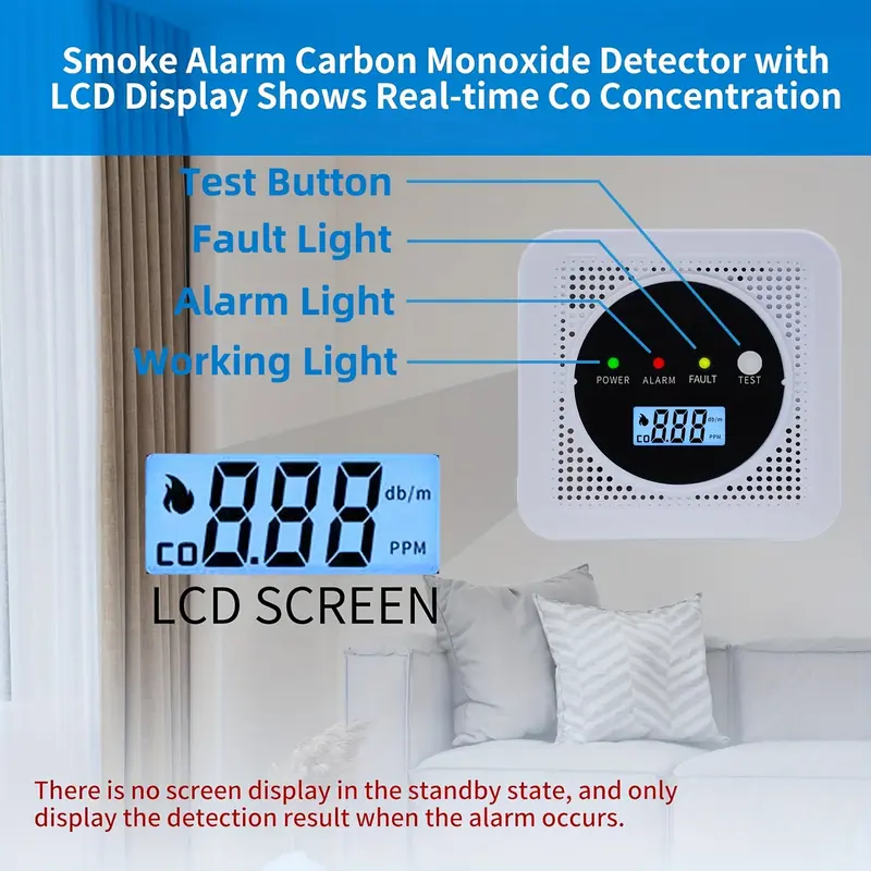 2-in-1 Carbon Monoxide and Smoke Detector | LED Indicators for CO & Smoke Alarm | Suitable for Home and Kitchen Safety | Sleek White Design with Easy-to-Read Display, Smoke Alarms for Home 3