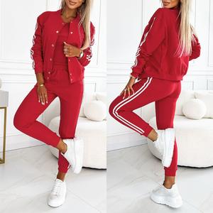 ChicMe Women's 3 Piece Outfits Matching Sets Striped Tape Patch Tank Tops Button Front Jacket Cuffed Pants with Pockets Tracksuit
