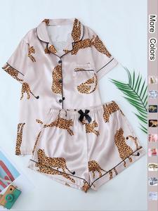 Women's Animal Print Button Front Shirt & Bow Decor Shorts Pyjama Set, Short Sleeve Collar Pocket Top & Elastic Waist Shorts Pj Set, Casual Comfortable Sleepwear Set for Women