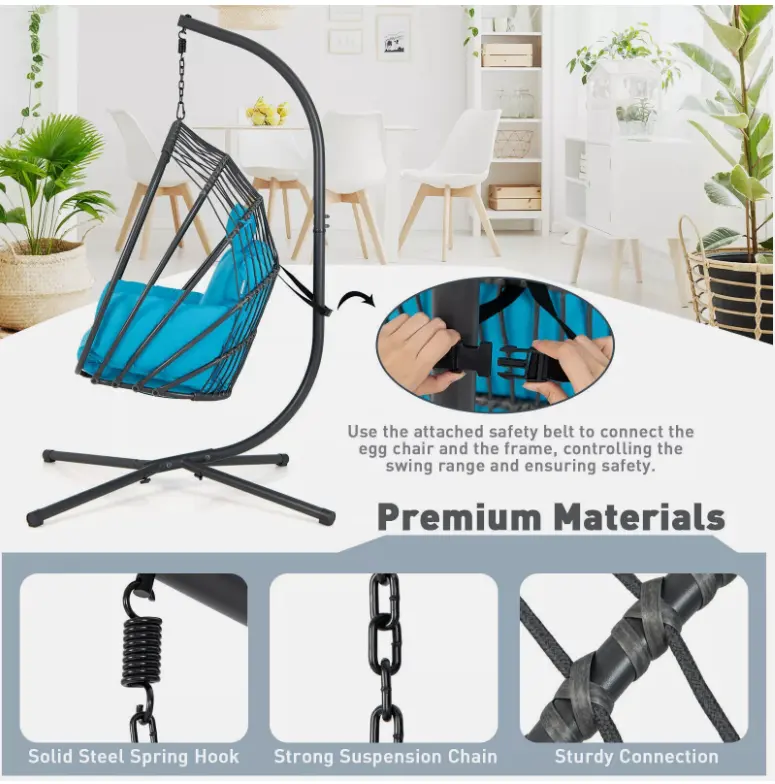 Folding Swing Egg Chair Hanging Chair Swing Basket Chair w/ Stand Cushion Pillow 2