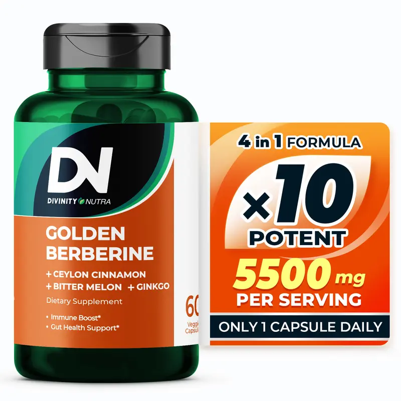 DN 4-in-1 Berberine Supplement with Ceylon Cinnamon Bitter Melon Ginkgo 1500mg, Support Gut Health, Wellness, Divinity Nutra 1