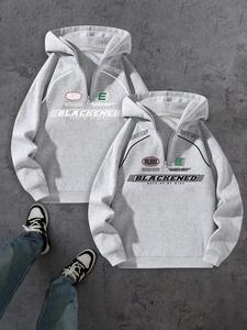 Men's Letter Print Half Zip Hoodie, Casual Loose Long Sleeve Hooded Sweatshirt for Fall & Winter, Men's Clothes for Daily Wear