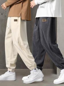Men's Letter Patched Corduroy Sweatpants, Casual Comfy Loose Trousers for Fall & Winter, Men's Bottoms for Daily Wear