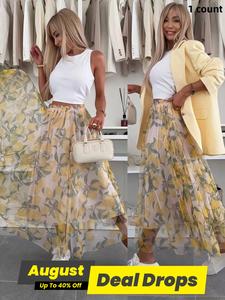 Women's Lemon Prin Skirt, Y2k Casual Fashion Long Skirt for Daily Holiday Vacation Wear, Ladies Bottoms for Summer, Womenswear, Casual Fashionable Skirt, Trendy Flirty Skirt, Boho Casual Maxi Skirts, High Waist Skirt
