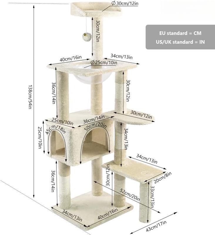 114 UK-GB  Cat Tree with Scratching Post & House, Stable Cat Play Tower, Multi-Level Activity Centre for Indoor Cats, Kitten Climbing Frame, Beige 3