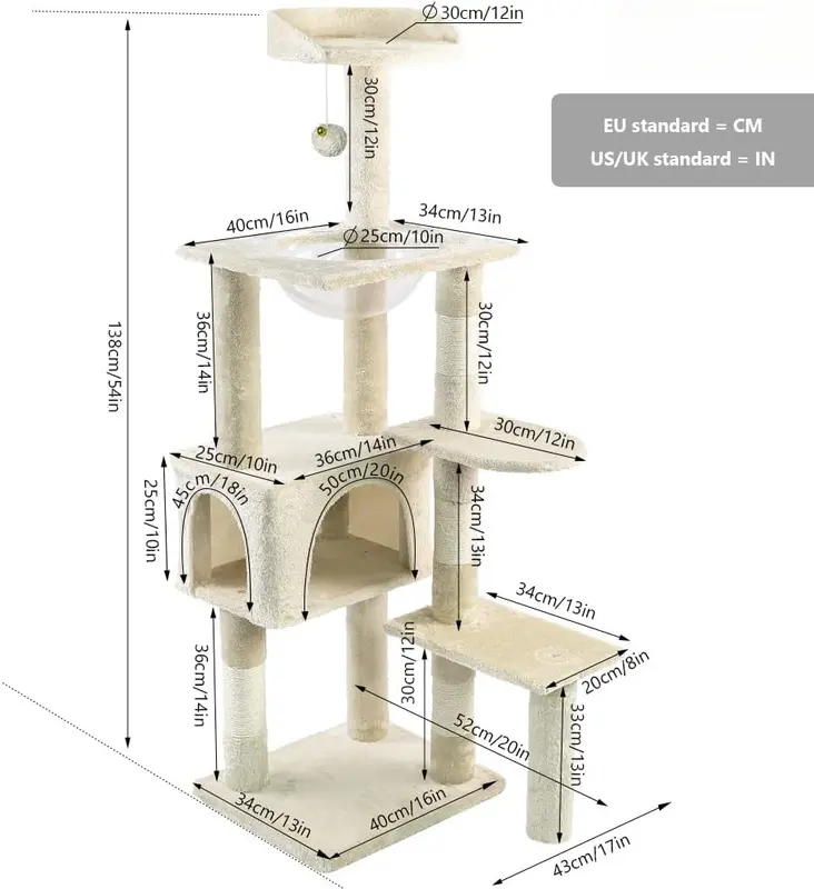 114 UK-GB  Cat Tree with Scratching Post & House, Stable Cat Play Tower, Multi-Level Activity Centre for Indoor Cats, Kitten Climbing Frame, Beige 3