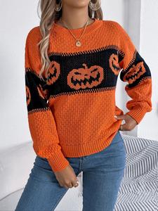 Women's Pumpkin Print Colorblock Drop Shoulder Sweater, Halloween Themed Casual Long Sleeve Round Neck Jumper for Fall & Winter, Fashion Ladies' Knitwear for Daily Wear
