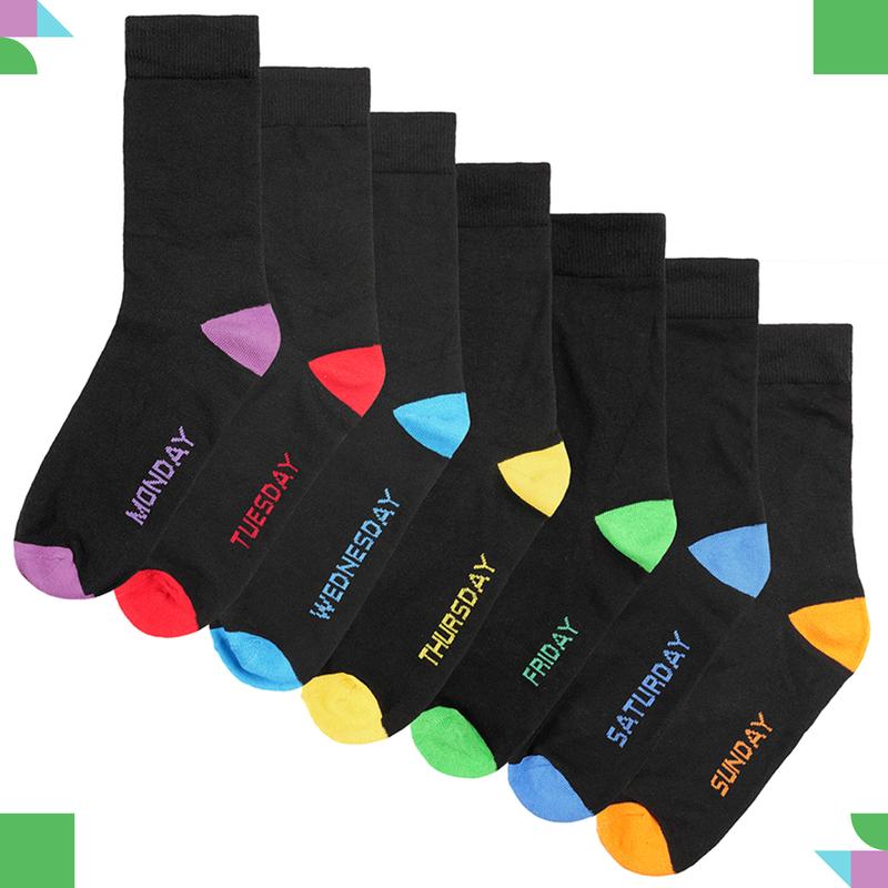 7 Pack Days Of The Week Cotton Rich Boys Girls Kids Men's Women's Socks Black with Multi Colour Heel and Toe Design By Sock Stack 3