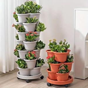 Stackable Self-watering Planter, 5 Counts/set Flower Pot with Movable Base, Garden Pot for Indoor & Outdoor Garden, Balcony