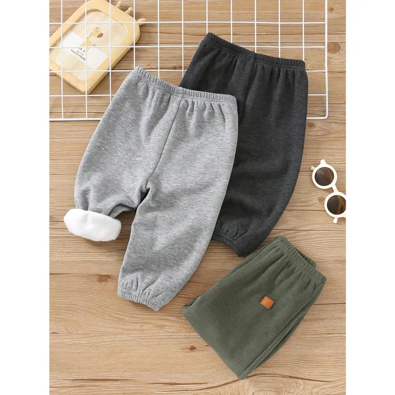 3pcs Baby Boy Casual Solid Color Thermal Lined Elastic Waist Pants, Suitable For Autumn/Winter 1