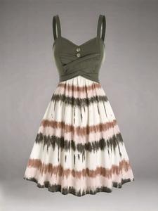 Women's Patchwork & Tie Dye Print Button Front Wrap Strap A Line Dress, Casual Sleeveless Backless Short Dress for Summer, Ladies Clothes for Beach Holiday Vacation, Womenswear, Strappy Dresses for Summer, Boho Sleeveless Dress