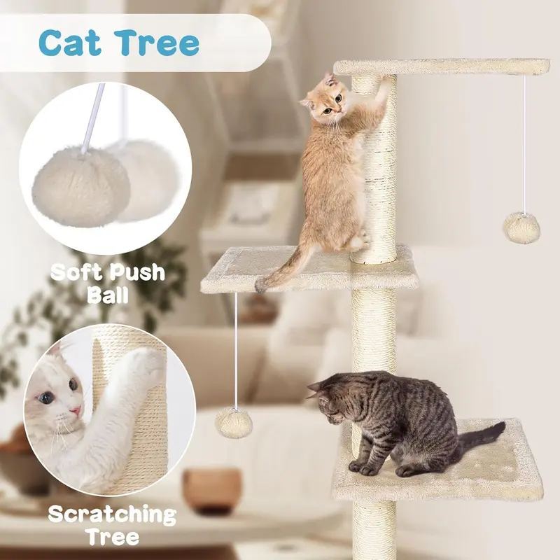Cat Wall Furniture, 4 in 1 Cat Tree Tower Scratching Posts, Indoor Cats Climbing Frame with Cats Hammock, Hanging Ball Toy, Kitten Wall Shelves for Indoor - Beige 2
